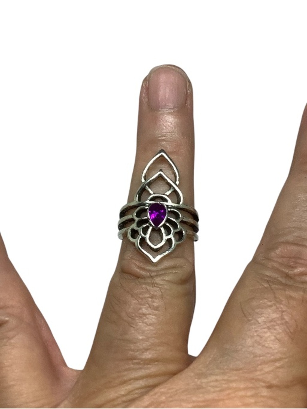 Silver Lotus Teardrop Ring with Purple cubic zirconia